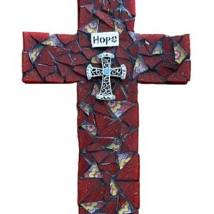 mosaic cross red with the word hope